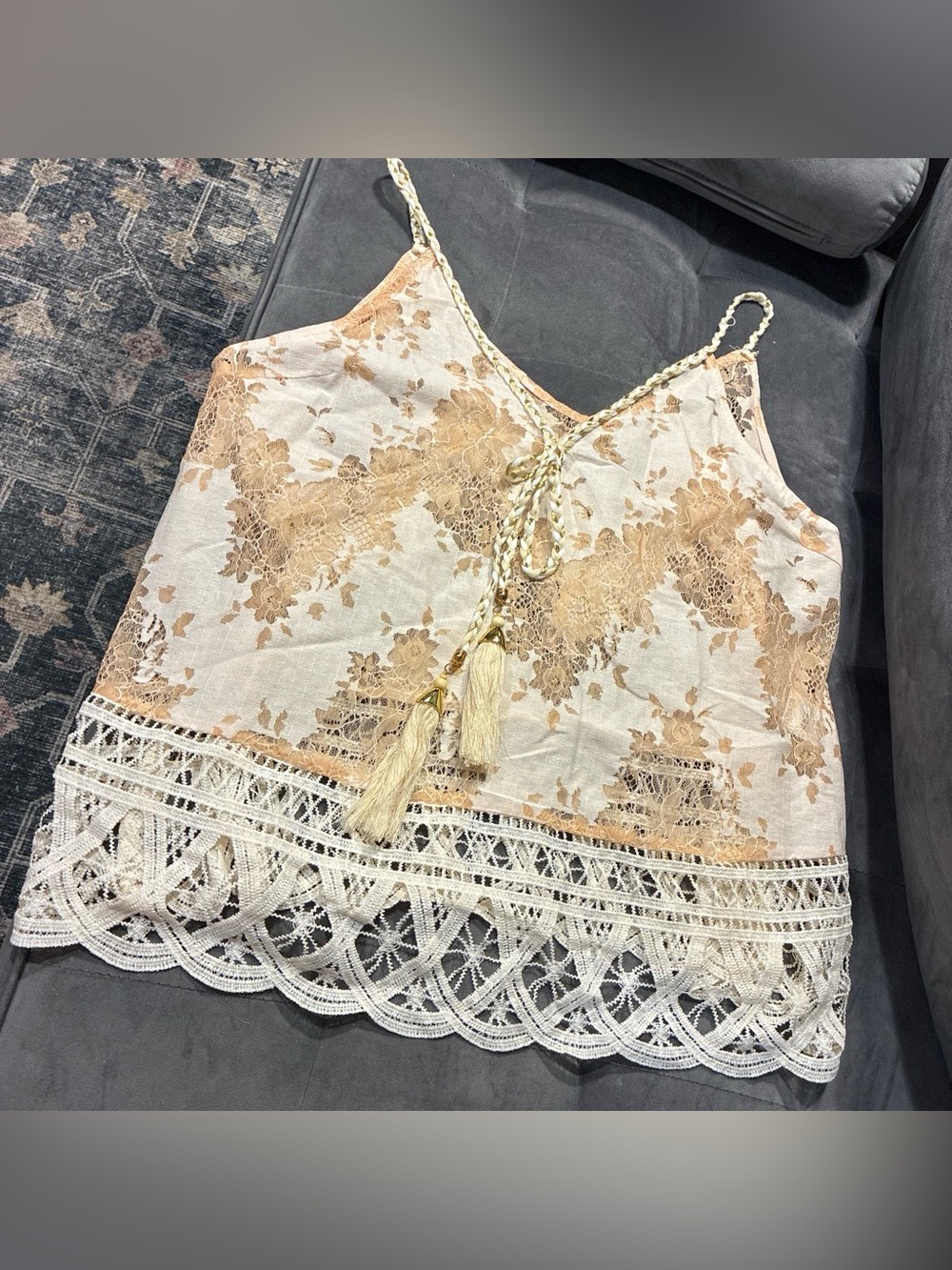 Boho Lace Trim Tie-Front Cami Tank Top - Cream & Tan